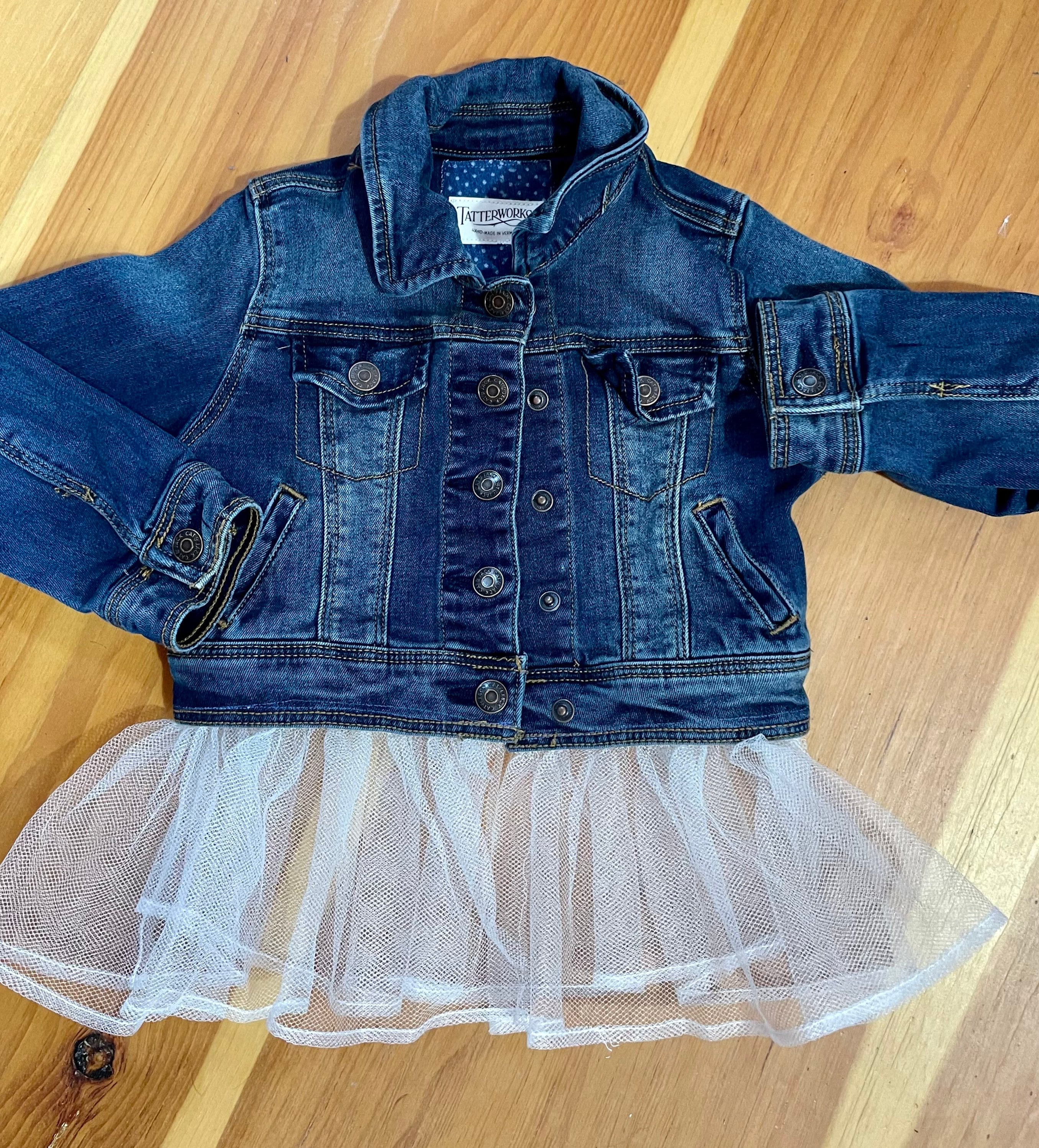Tatterworks Upcycled Recycled Repurposed Girls Denim Jacket and Tulle Skirt. Size 6 Chest 26.