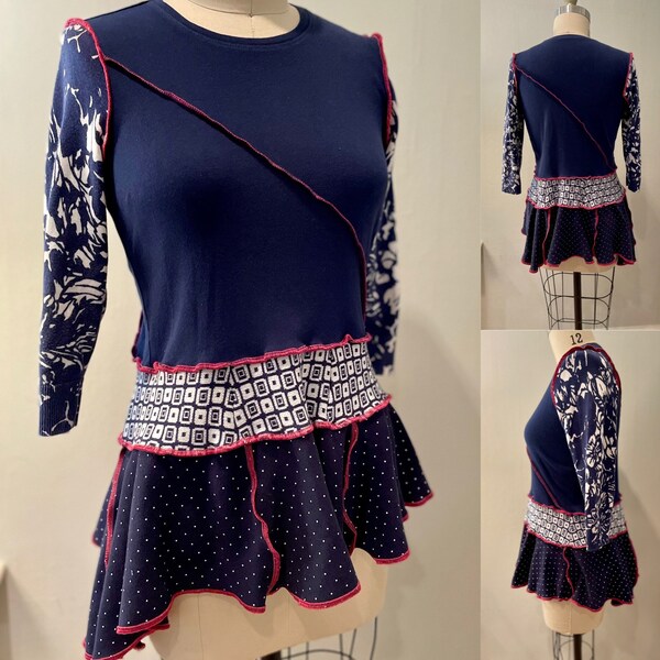 Upcycled recycled cotton tees and sweaters into a-line peplum tunic. Navy and white. Size S-M.