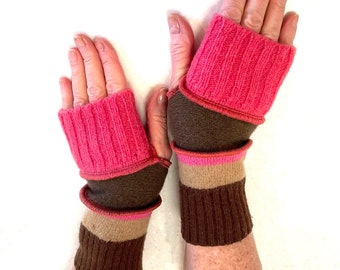 Repurposed sweater arm warmers. 100% wool in pink, brown and beige.