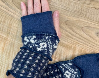 Arm wrist warmers made from preloved wool sweaters in navy blues