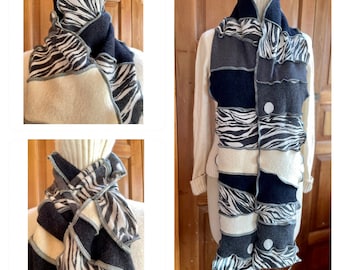 Repurposed recycled wool sweater scarf. Upcycled from boiled wool and merino wool sweaters. Gray and cream.