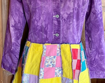 Purple Jean jacket quilt coat size L. Bright and cheery. One of a kind wearable art.