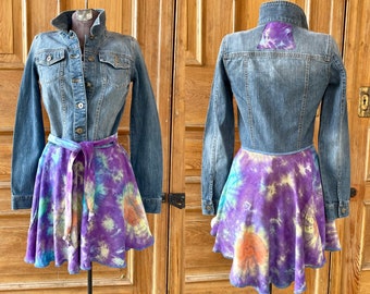 Boho repurposed recycled upcycled denim jacket with tie dye flouncy skirt. One of a kind. Wearable art. Size Small. Bust 34”