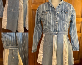 Repurposed recycled upcycled Railroad stripe denim jacket with twirly skirt. Size M