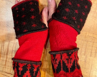 Upcycled recycled wool sweater arm warmers.