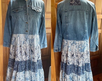 Denim duster with lined cotton tiered skirt in indigo and white. Upcycled recycled. Size L/XL Bust 42”