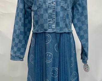 Upcycled Denim Coat: Boho Smiley Face Paneled Skirt
