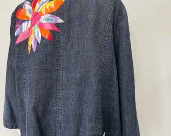 Repurposed chambray swing jacket with appliqued flowers. Plus size 2X