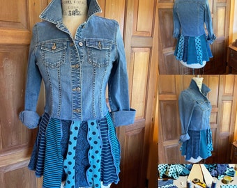 Upcycled stretch denim and cotton tee jacket in shades of teal & navy.