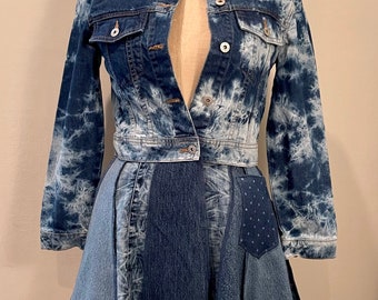 Upcycled recycled repurposed one of a kind denim coat. Denim jacket with paneled twirly skirt. Bust 34” Size Small.