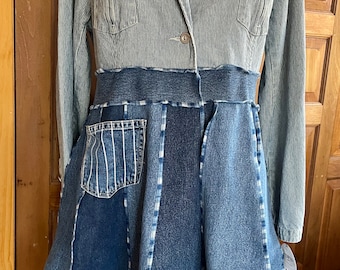 Upcycled repurposed reimagined denim jean jacket coat with full twirly skirt.  Railroad stripe. Size XXL Bust 44”.