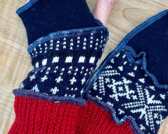 Arm wrist warmers made from preloved wool sweaters in navy and red.