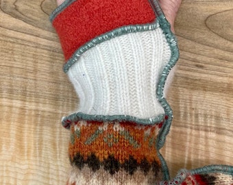 Arm wrist warmers made from preloved wool sweaters in beautiful fall colors.