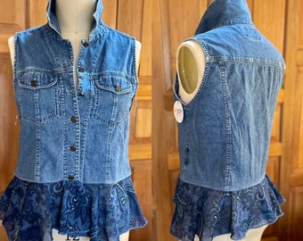 Upcycled recycled repurposed denim flouncy vest. Size L Bust 38”