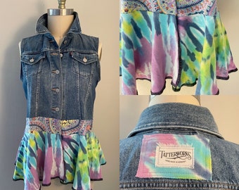 Upcycled denim and tie dye peplum vest.