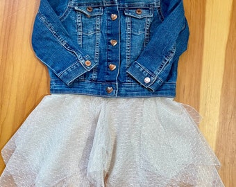 Upcycled repurposed Girls denim jacket with attached pixie fairy skirt in Size 3.