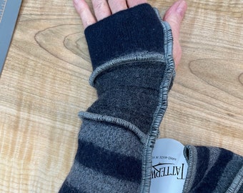 Felted wool arm warmers fingerless gloves in gray and navy. These will keep you warm and cozy.