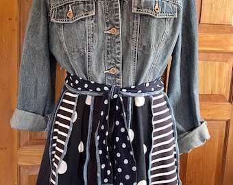Repurposed upcycled recycled denim jacket with cotton sweater skirt and belt. XL