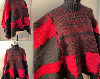 Repurposed wool sweaters made into gray red poncho with half zip and pockets