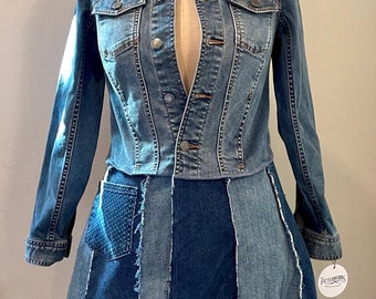 Upcycled recycled repurposed boho denim coat. Frayed edges. Size small bust 33”.