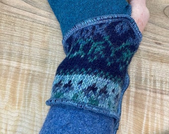 Upcycled wrist warmers from wool sweaters. Blues. Warm and cozy.