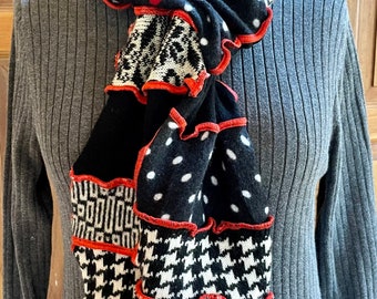 Upcycled recycled repurposed wool and cashmere long scarf. Black white red.