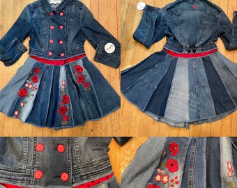 Upcycled recycled repurposed denim coat. Embroidered red floral pattern. Mine of a kind wearable art. Size Small.