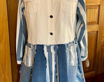 Upcycled recycled repurposed boho denim coat. White denim with blue and white stripes. Size XL Bust 44”.