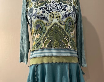 Upcycled Cotton Tunic Top, Lace Sleeves, Size L/XL