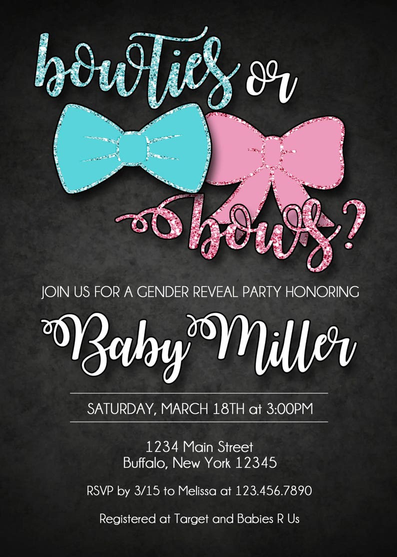 Bowties or Bows Gender Reveal Invitation Glitter Printable Etsy