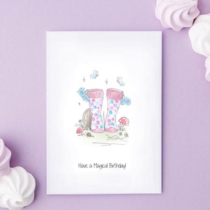 Carte de fée magique pour bottes en caoutchouc, cartes d'anniversaire pour filles, cartes de fées, cartes magiques, cartes de conception irlandaise