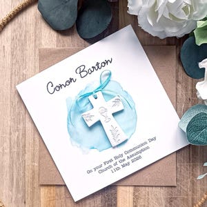 Blue First Communion Card: Personalised Keepsake with Handmade Cross