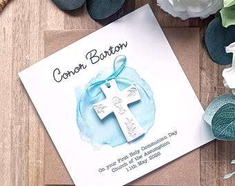 Blue First Communion Card: Personalised Keepsake with Handmade Cross