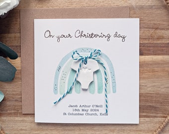 Personalized Christening Card: Handmade Clay Babygrow, Blue Rainbow