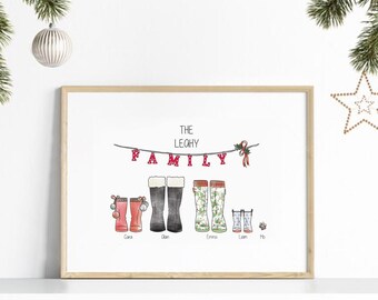 May include: A framed print with a family illustration. It shows wellington boots in different colours and patterns, each labelled with a name. The word "FAMILY" is spelled out in red letters, with the family name above.