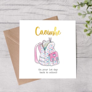 Mochila rosa colorida de volta às aulas, cartão personalizado, volta às aulas, início das aulas, cartão para meninas, colegial, cartões irlandeses