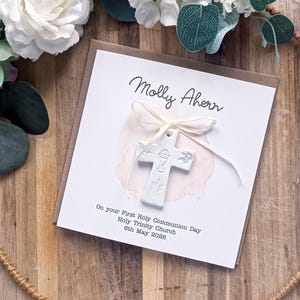Personalized First Communion Card: Handmade Clay Cross Keepsake