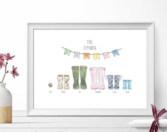 Family welly boot print customised illustrated print