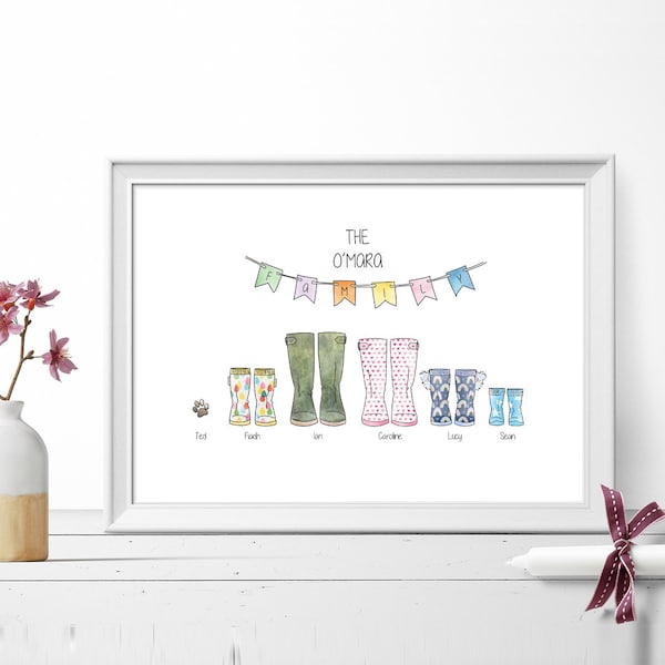 Family welly boot print customised illustrated print