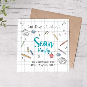 1º dia de aula cartão personalizado Azul, começando a escola, cartão da escola, cartões rosa, cartão de estudante