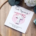 Personalized First Communion Card: Pink Watercolor, Handmade Cross product logo