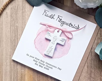 Personalized First Communion Card: Pink Watercolor, Handmade Cross