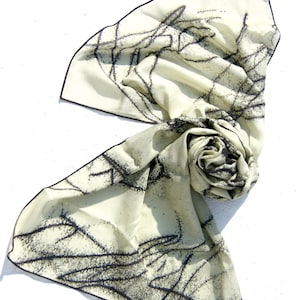 Silk Long Fashionable Scarf | Wearable art scribbles, beige black neutral, digitally printed fabric, Unique  art scarf for her, arty fashion