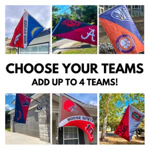 Puede incluir: Un collage de seis imágenes que muestran diferentes banderas de equipos deportivos. Las banderas son de diferentes colores y tienen diferentes logotipos. El texto "CHOOSE YOUR TEAMS ADD UP TO 4 TEAMS!" se muestra en el centro del collage.