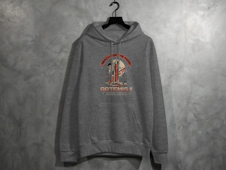 Artemis II NASA Moon Mission Hoodie, Reach for the Moon Space Exploration Art, Astronaut Crew Rocket Ship Apparel Gift