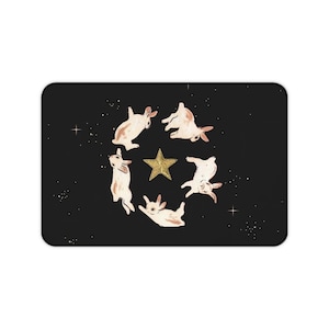 Celestial Bunny Desk Mat Mouse Pad Black Gold Starry Night Design Cute Rabbit Art Gaming Setup Whimsical Office Decor Large