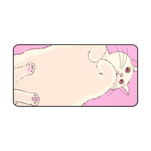 Playful Cat Desk Mat, Cute Pink Mouse Pad XL, Kawaii Kitty Gaming Deskmat, Aesthetic Animal Design