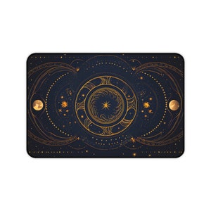Celestial Desk Mat with Moon Phases, Astrology XL Mouse Pad, Aesthetic Starry Sky Gaming Mat, Navy Gold Decor Mouse Pad