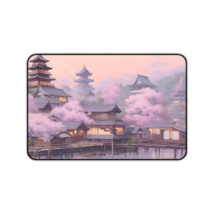 Cherry Blossom Village Desk Mat, Anime Scenery Mousepad XXL, Pink Sakura Aesthetic Large Gaming Pad Mouse Pad