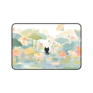 May include: A rectangular mousepad featuring a serene watercolor scene. A black cat is in a pond surrounded by lily pads and lotus flowers in shades of pink, yellow, and green. The background is a soft, pastel palette.